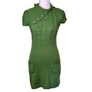 Pink Rose Green Cable Knit Sweater Fitted Mini Dress Cozy Fall Cottagecore Sz Lg